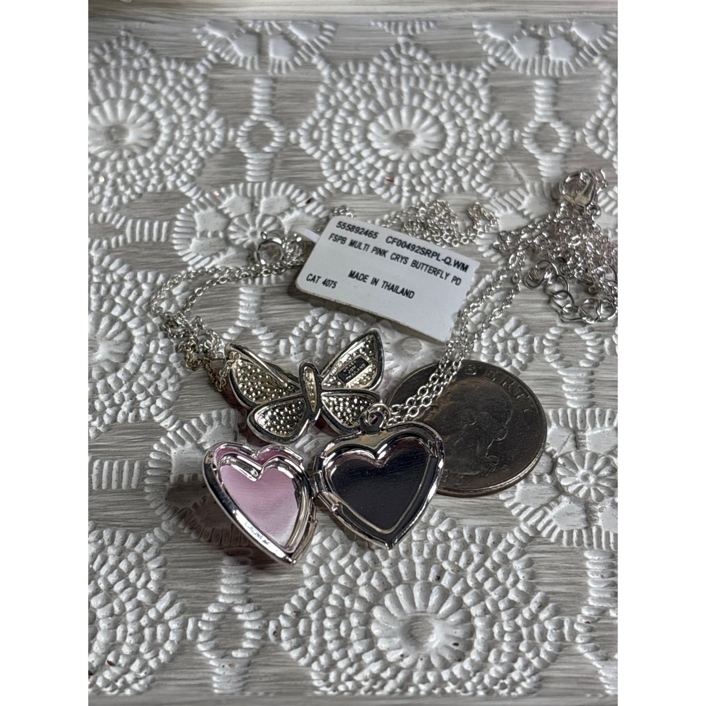 Pink Locket "M" Plus New Sparkly Butterfly Pendant Necklace  Made In Thailand