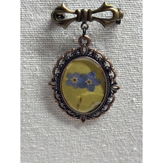 Forget-Me-Not & Dandelion Brooch — 18x25mm Oval • Bowknot Pin | Real Flowers in Resin • Sunny Yellow Keepsake • Memory Jewelry
