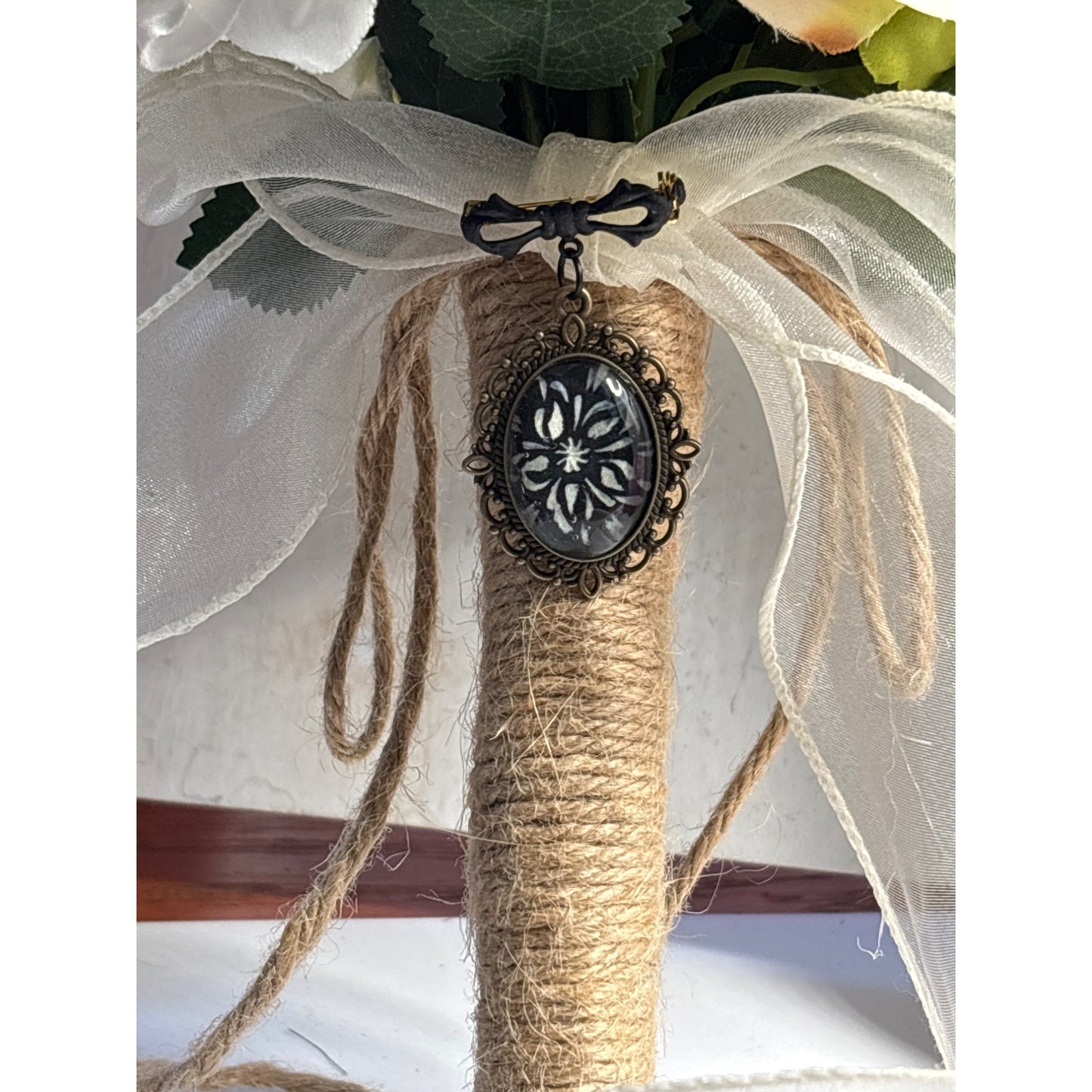 Handmade 18×25 Bridal Bouquet Charm – Original Black & White Floral Art – “Something Meaningful” Keepsake or Mourning Jewelry