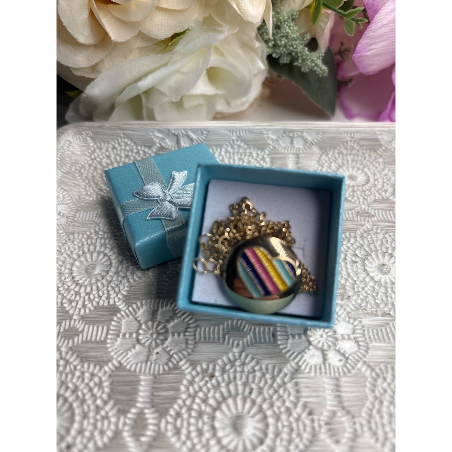 Vintage Style Gold Tone Rainbow Pride Enamel Heart Locket Necklace